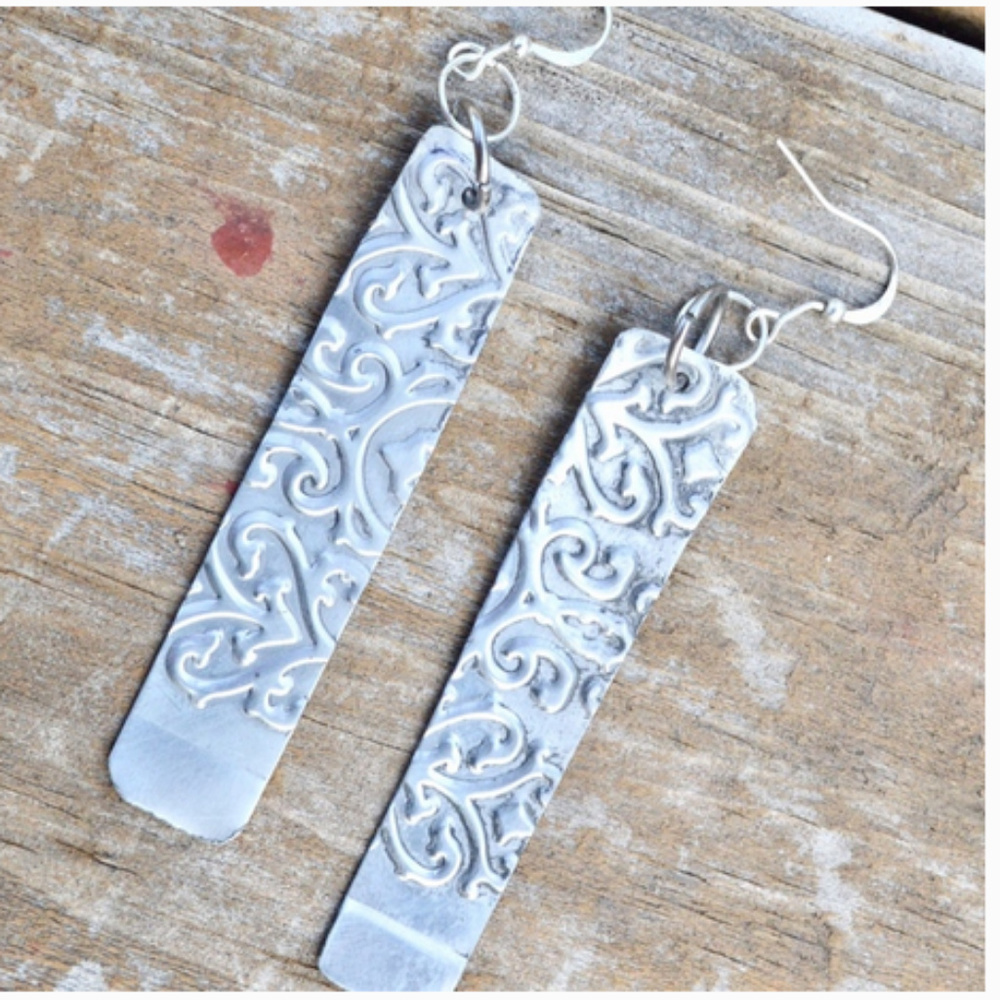 Filigree Embossed Silver Long Earrings Rustic Boho - Picture 2 of 2